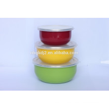 high quility 3 PCS enamel ice bowl with plastic lid and different colors